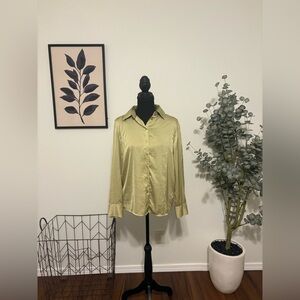 -SOLD-Maison Jules Olive Satin Button-Down Shirt